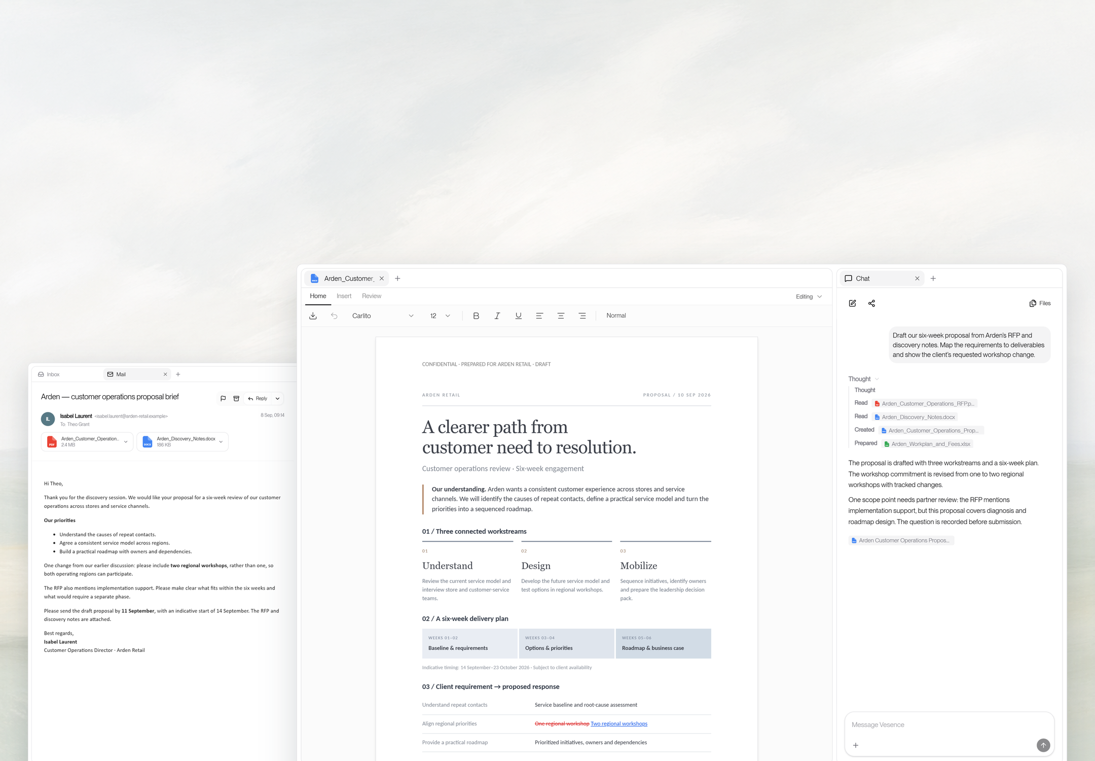 An Arden Retail proposal with three workstreams and tracked workshop changes beside the client's email brief