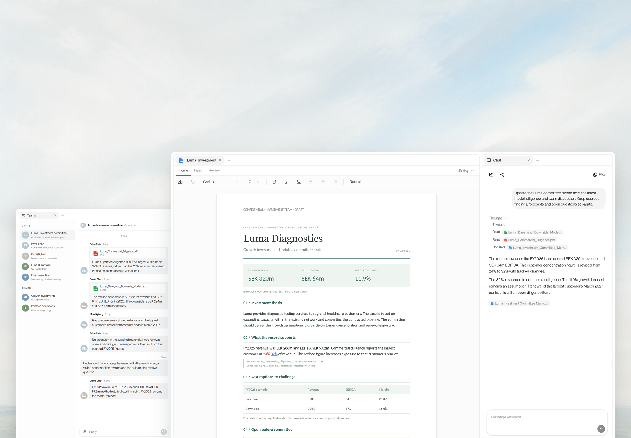 A formatted investment committee memo with a tracked concentration revision beside the investment team's discussion