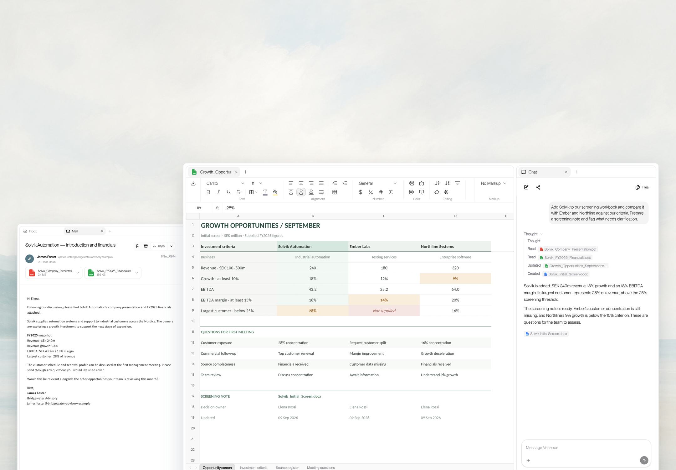 An investment screening workbook and Vesence chat with the supporting company materials behind