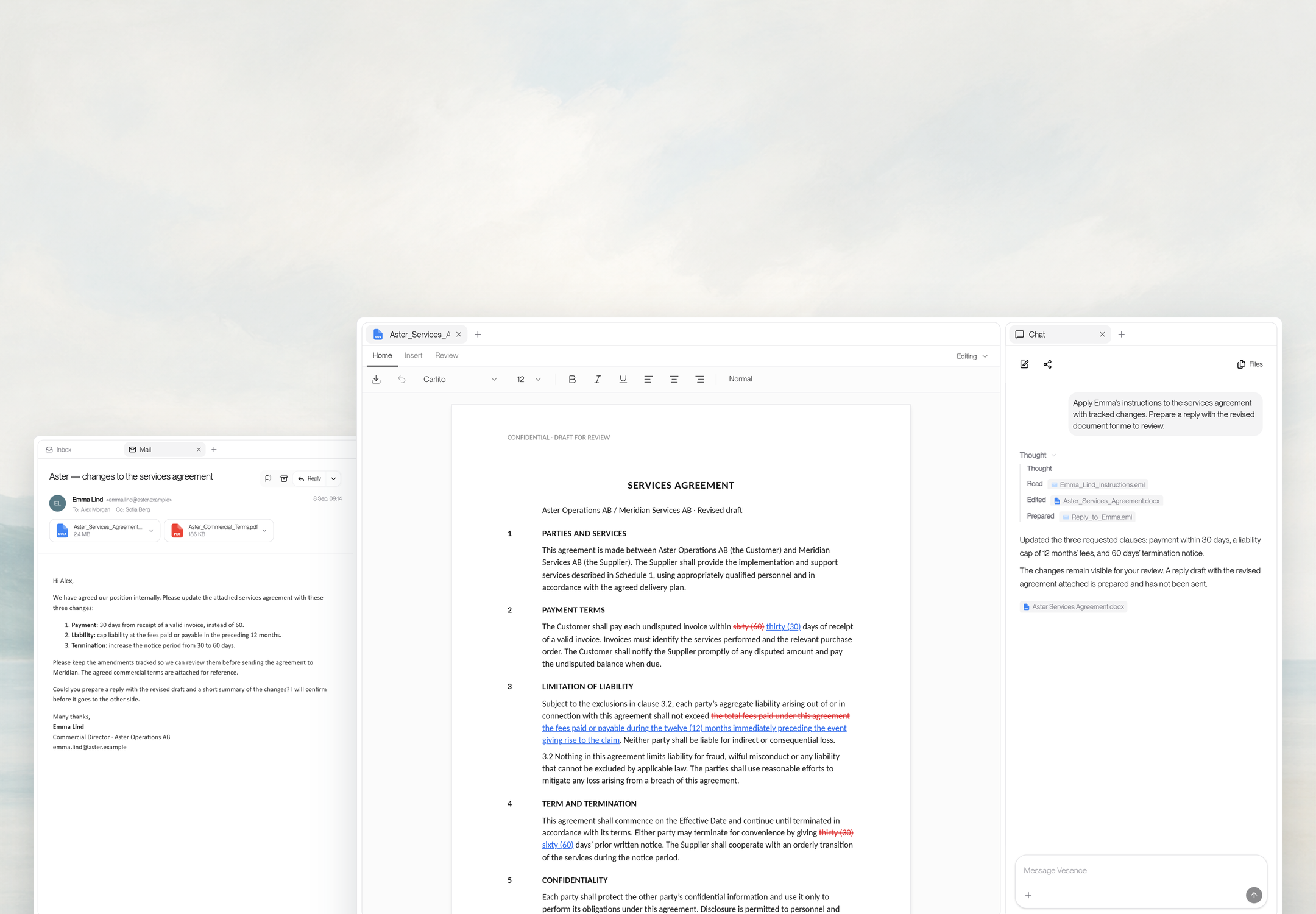 An Aster services agreement with tracked changes and Vesence chat beside the client's instructions in Mail