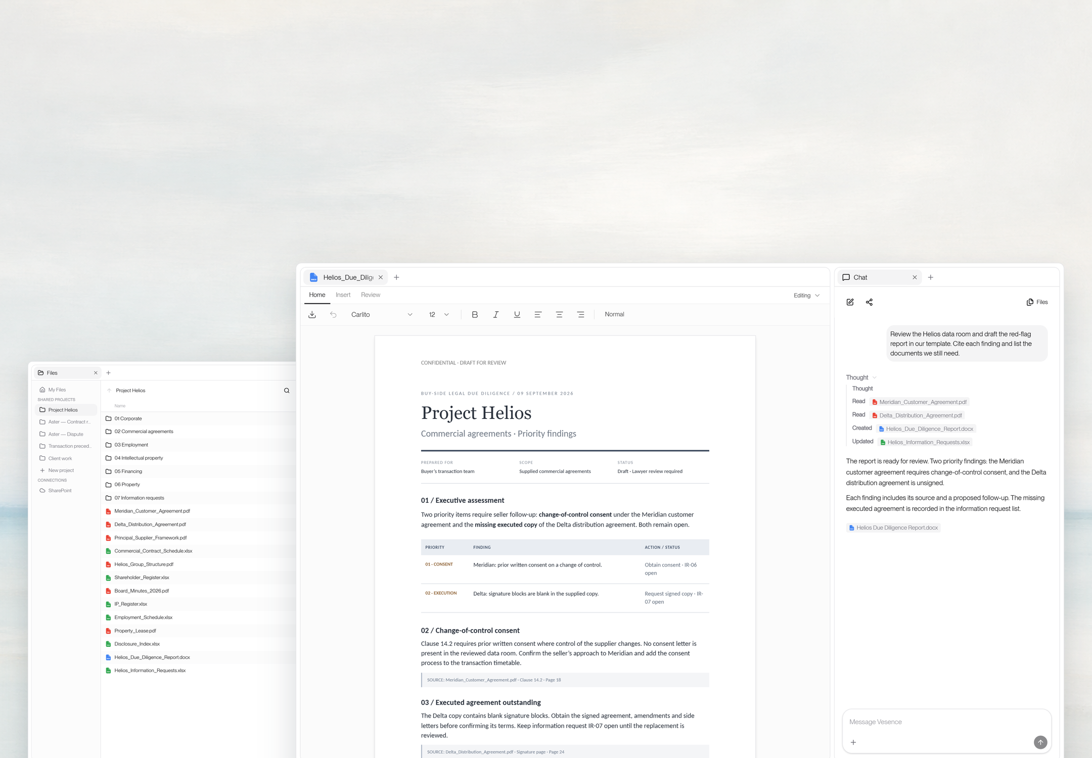 A formatted Helios due diligence report and Vesence chat beside the transaction's organized source files