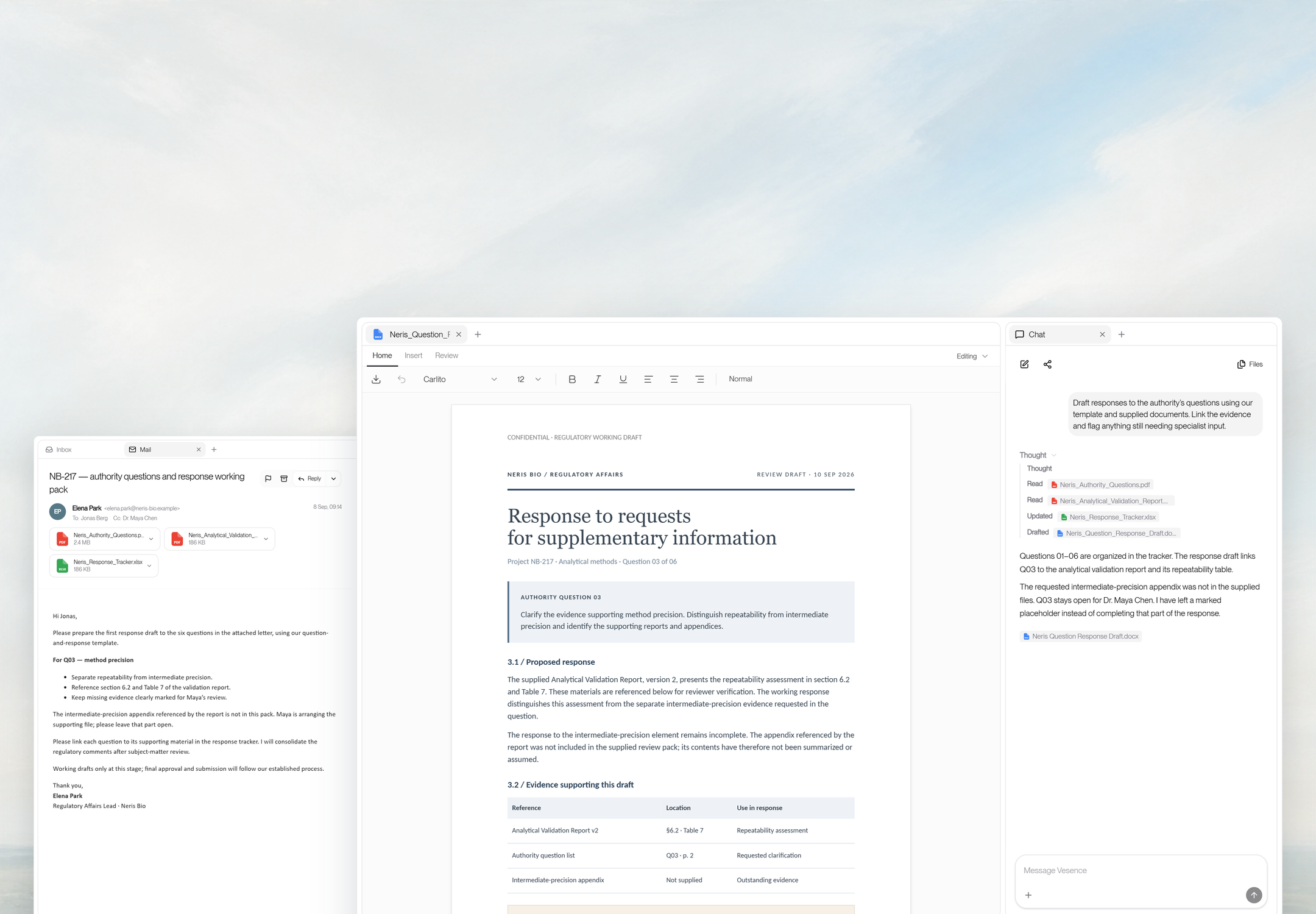 An authority-response working draft with supporting references and an open evidence request beside regulatory correspondence