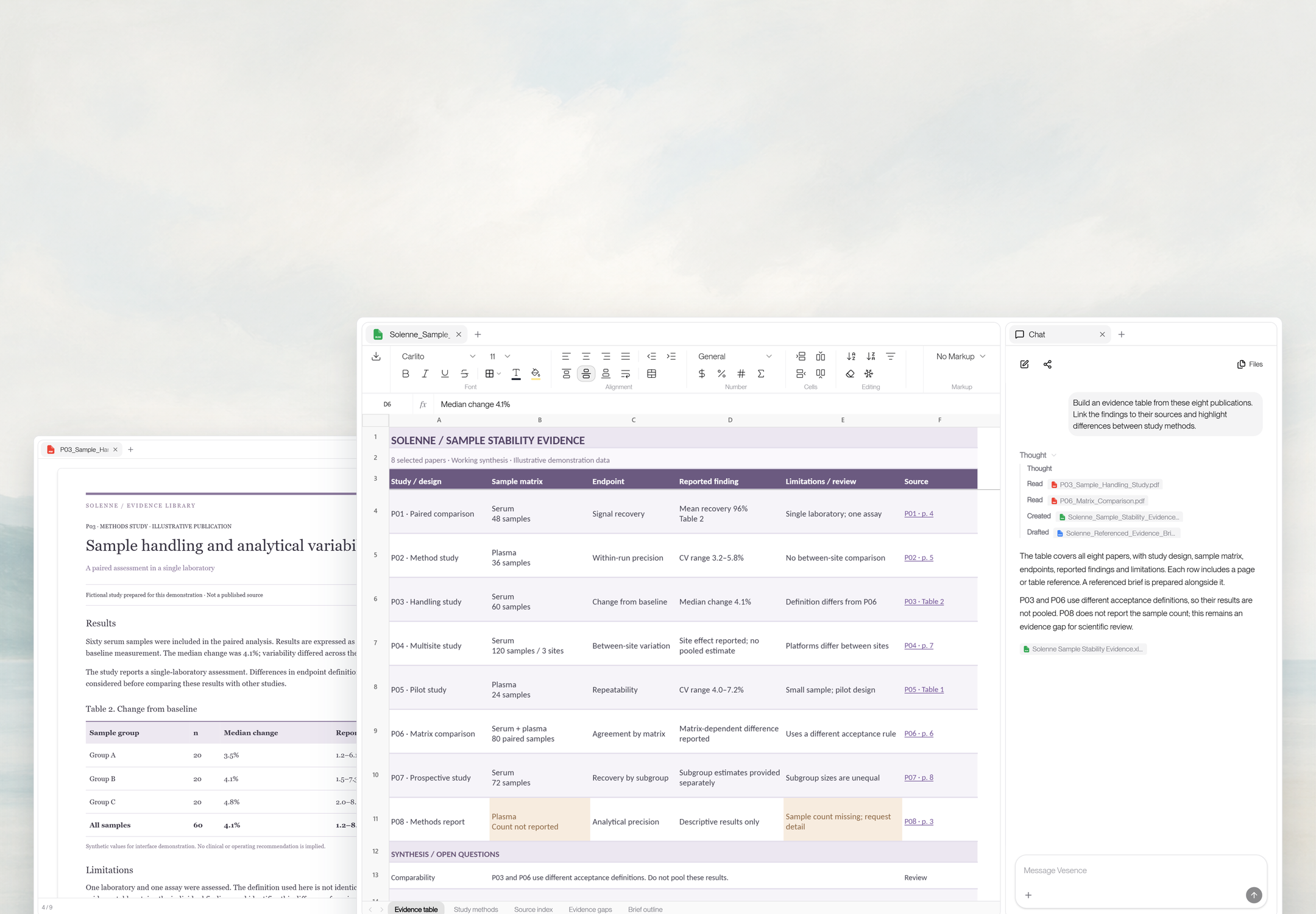 A lavender evidence matrix comparing eight illustrative studies beside a source publication and its results table