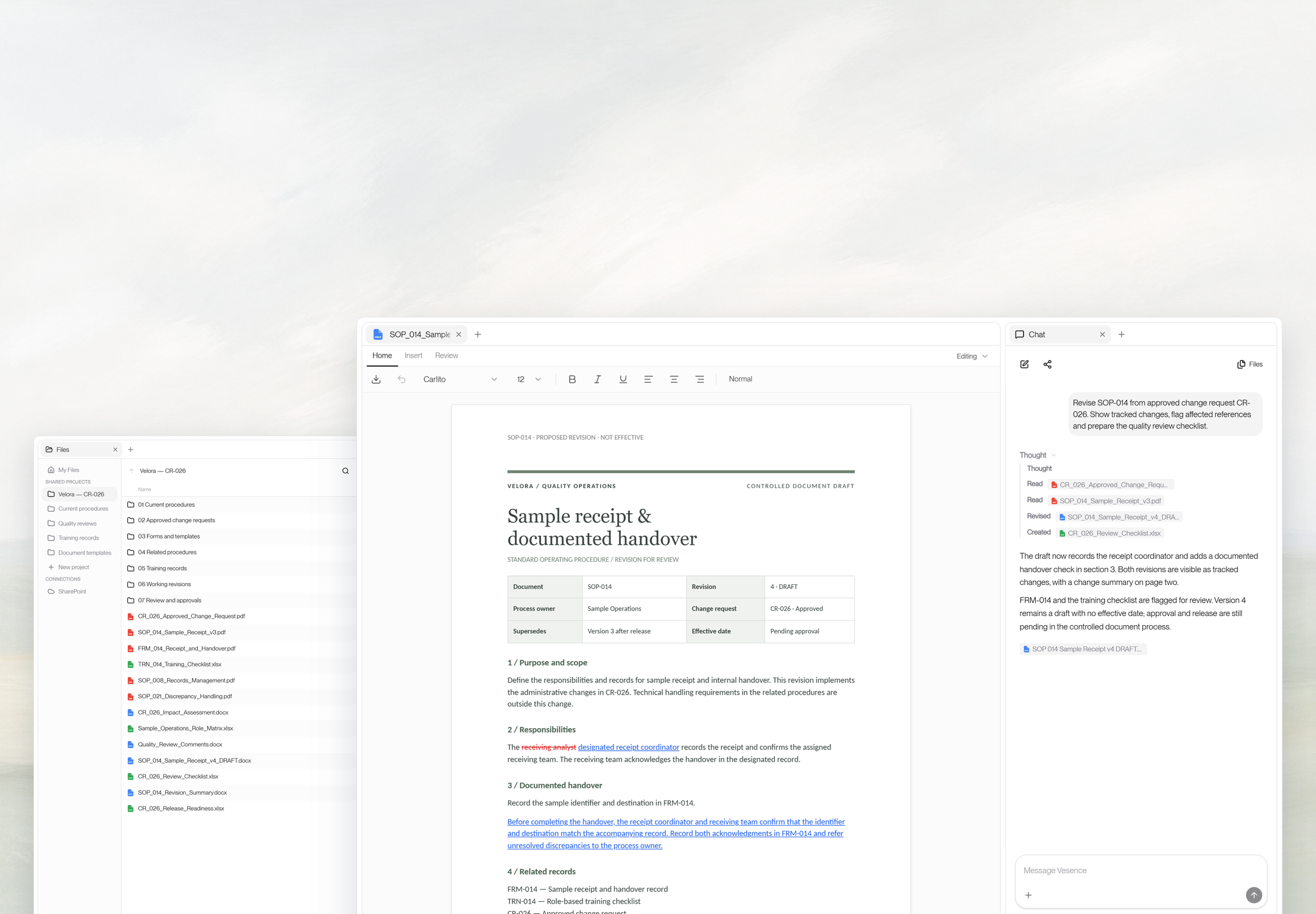 An SOP draft with document controls and tracked handover revisions beside the approved change request and related files